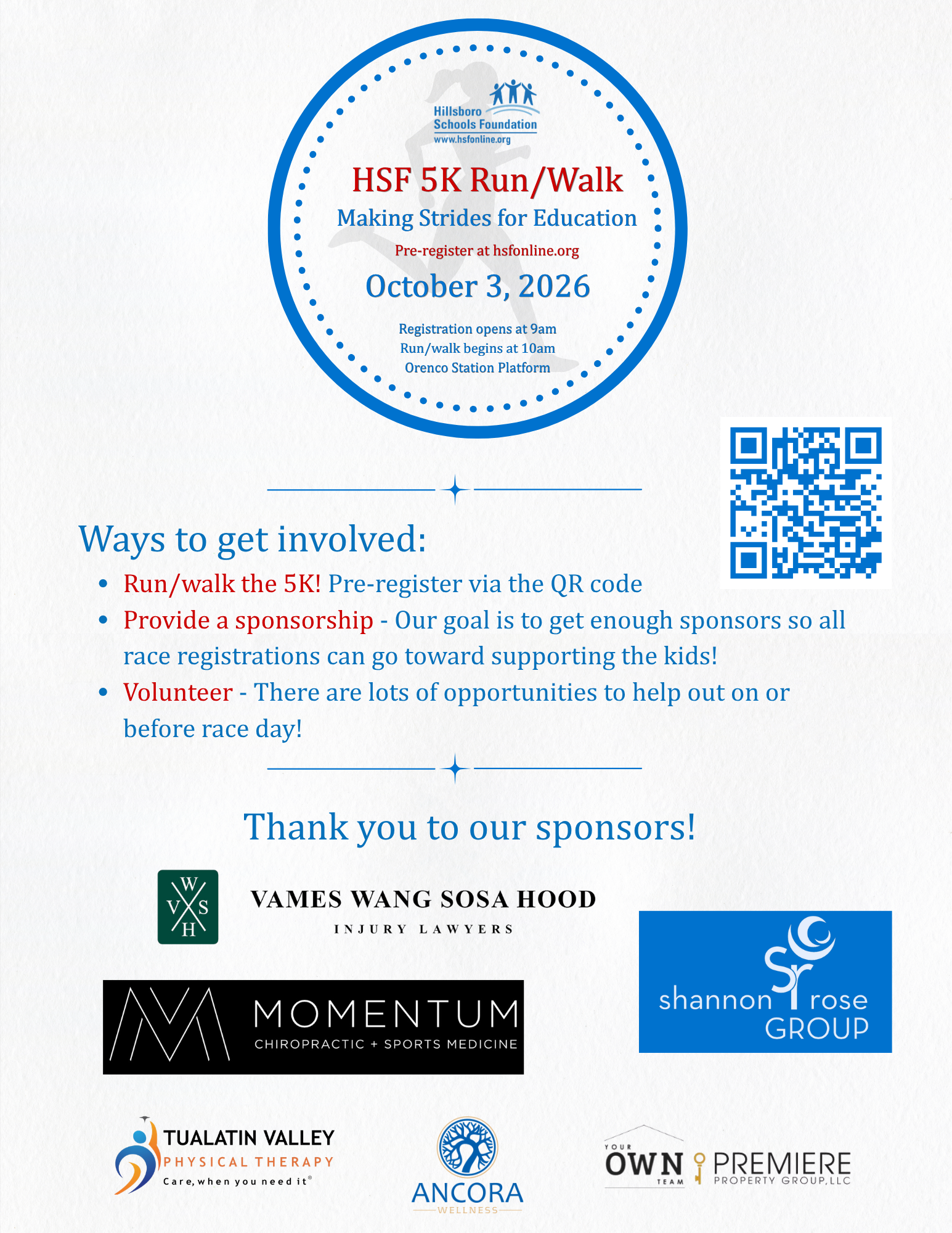 HSF 5K RunWalk Flyer Updated 2026 HSF Auction Logo Save the Date