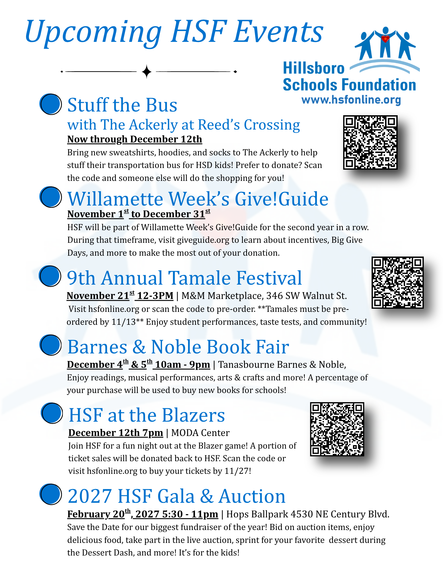 Late 26 early 27 Upcoming HSF Events Flyer with QR code